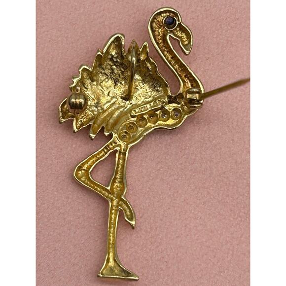 Vintage 14K Gold Flamingo Brooch Pendant Diamond Sapphire BIRD Estate Pin 3.33g - Picture 8 of 15